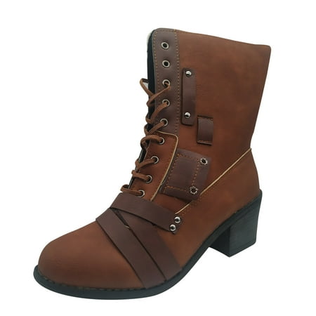 

Women Boots Autumn Winter Boots Thick Boots Heel Colorblocked Womens Lace-Up Retro Fashion Pointed Toe Womens Boots