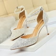 thumbnail image 3 of Zapatos de tacón alto sexys para mujer, de discoteca, con boca poco profunda, puntiagudos, de metal, de una sola línea, con lentejuelas, sandalias huecas, zapatos de tacón para mujer, 3 of 4