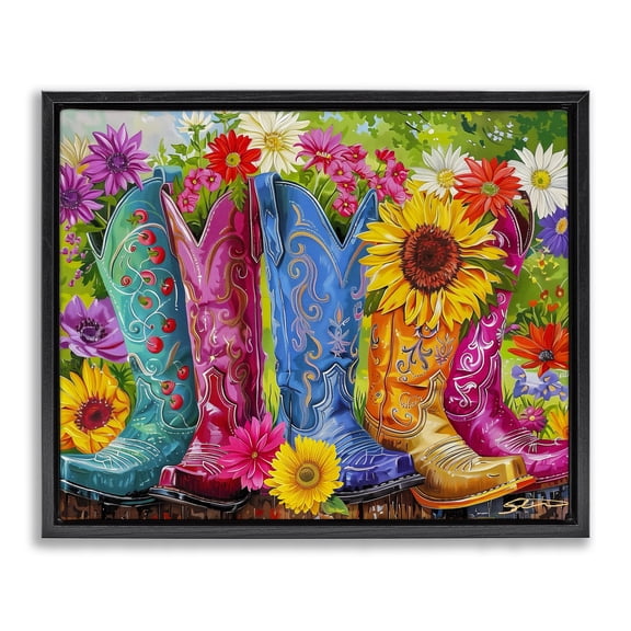 Cowboy Boots and Sunflowers Black Framed Floater Canvas Wall Art, design by Shawna Stewart