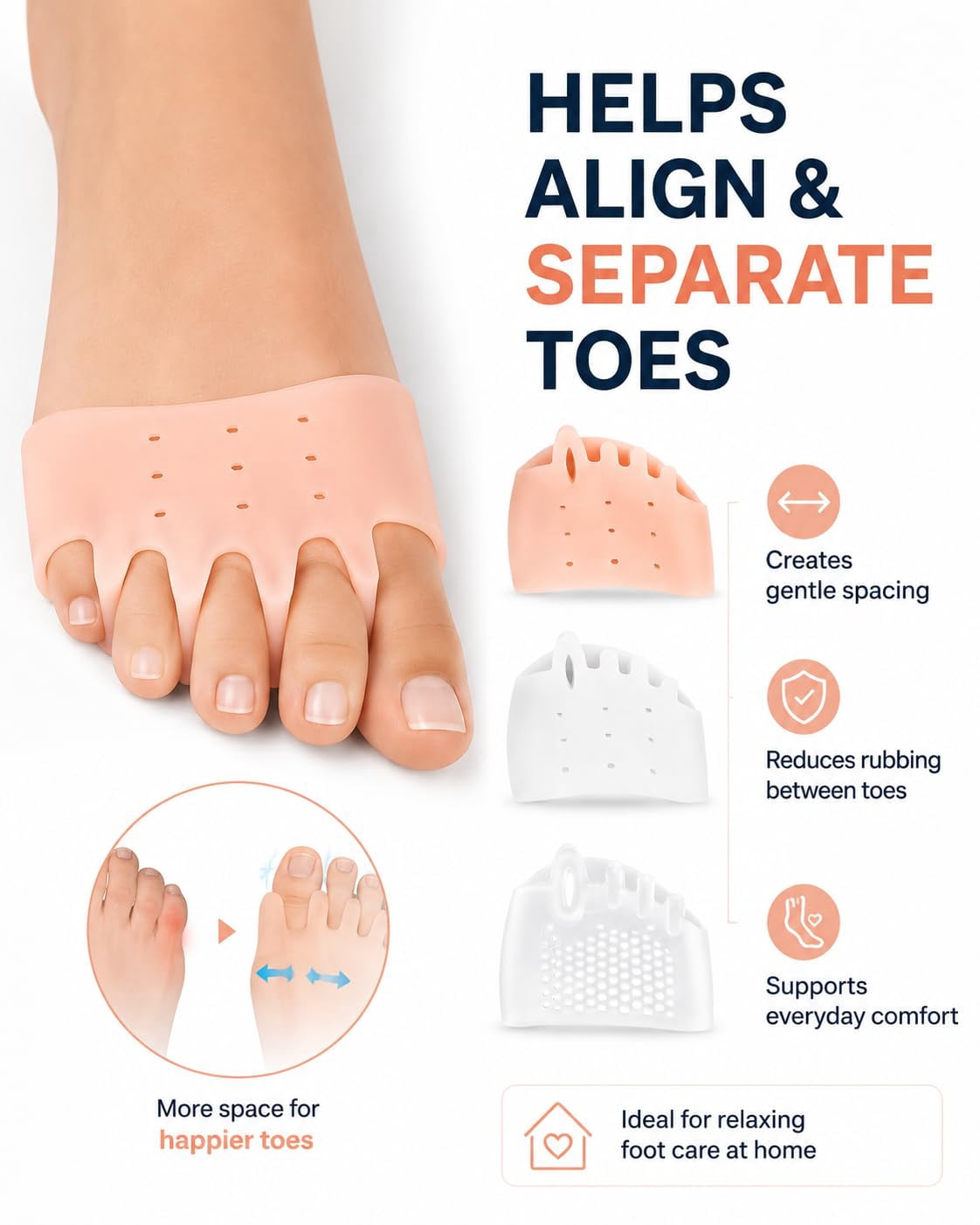 3-in-1 Pro Toe Straighteners, Soft Silicone Forefoot Sleeves for Toe Spacing, Cushioning and Everyday Footwear