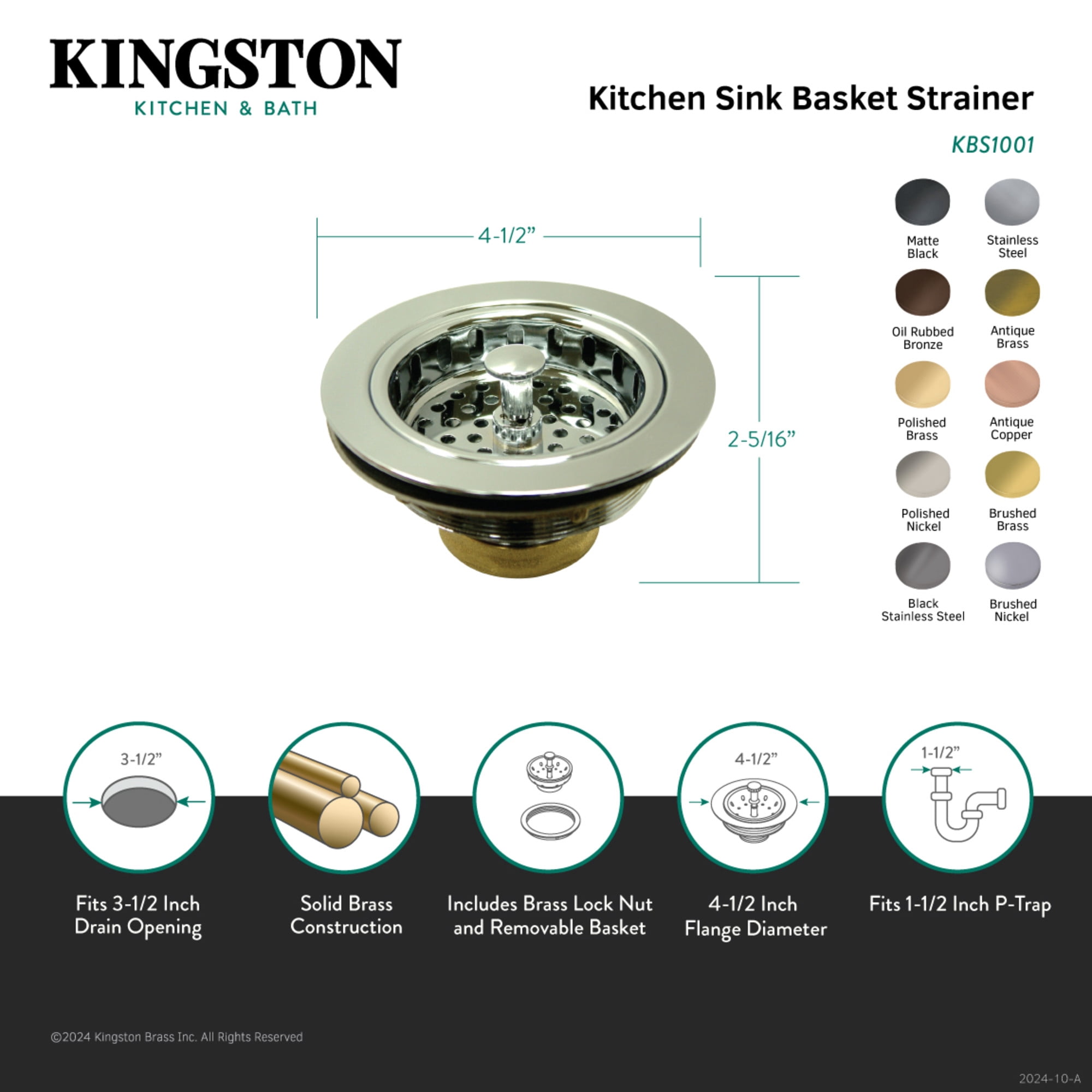 Kingston Brass KBS1000MB Brass Basket Strainer in Matte Black