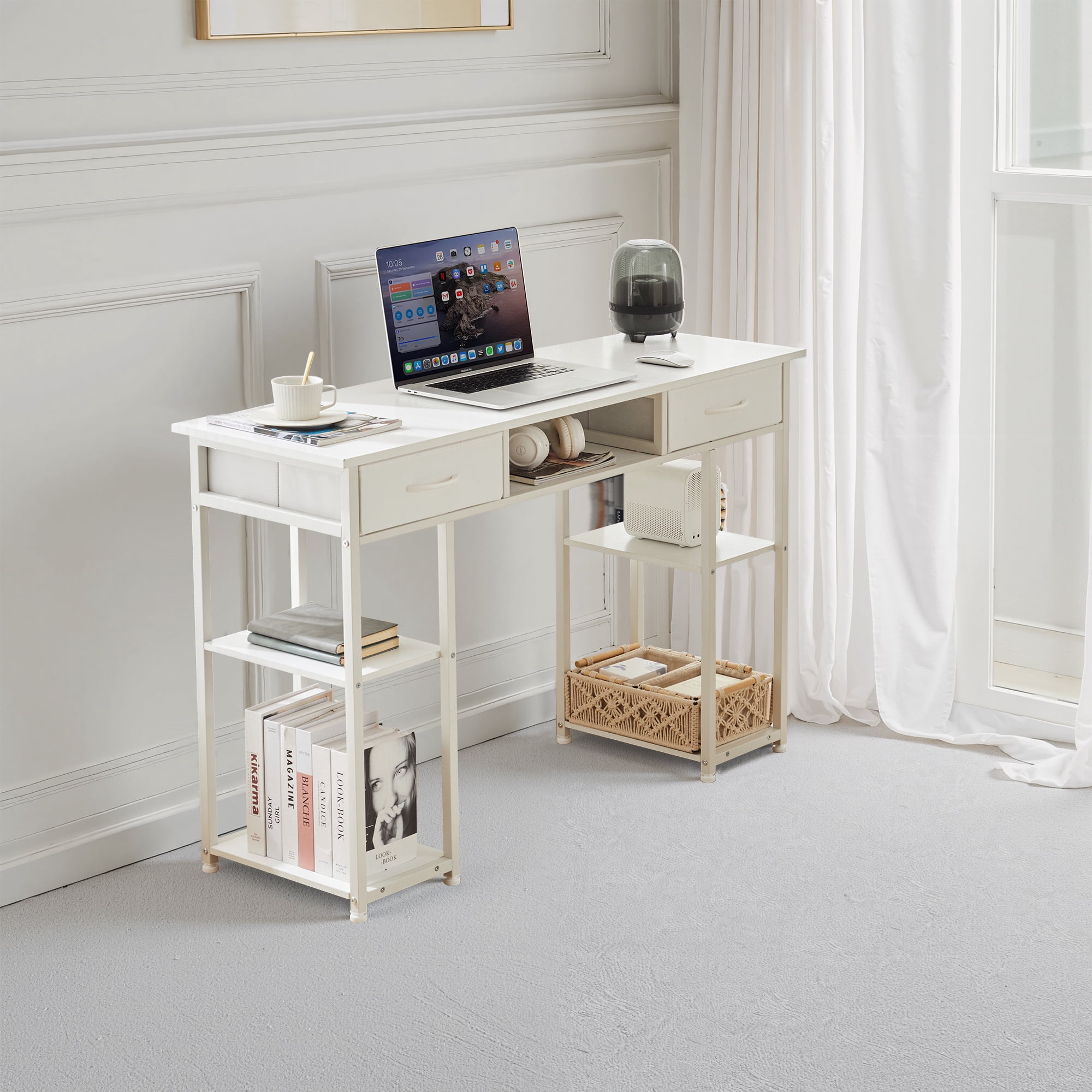 MAYEERTY 48in Adjustable Small Computer Desk, Metal Writing Study Table with Storage and Headphone Hook, Home Office