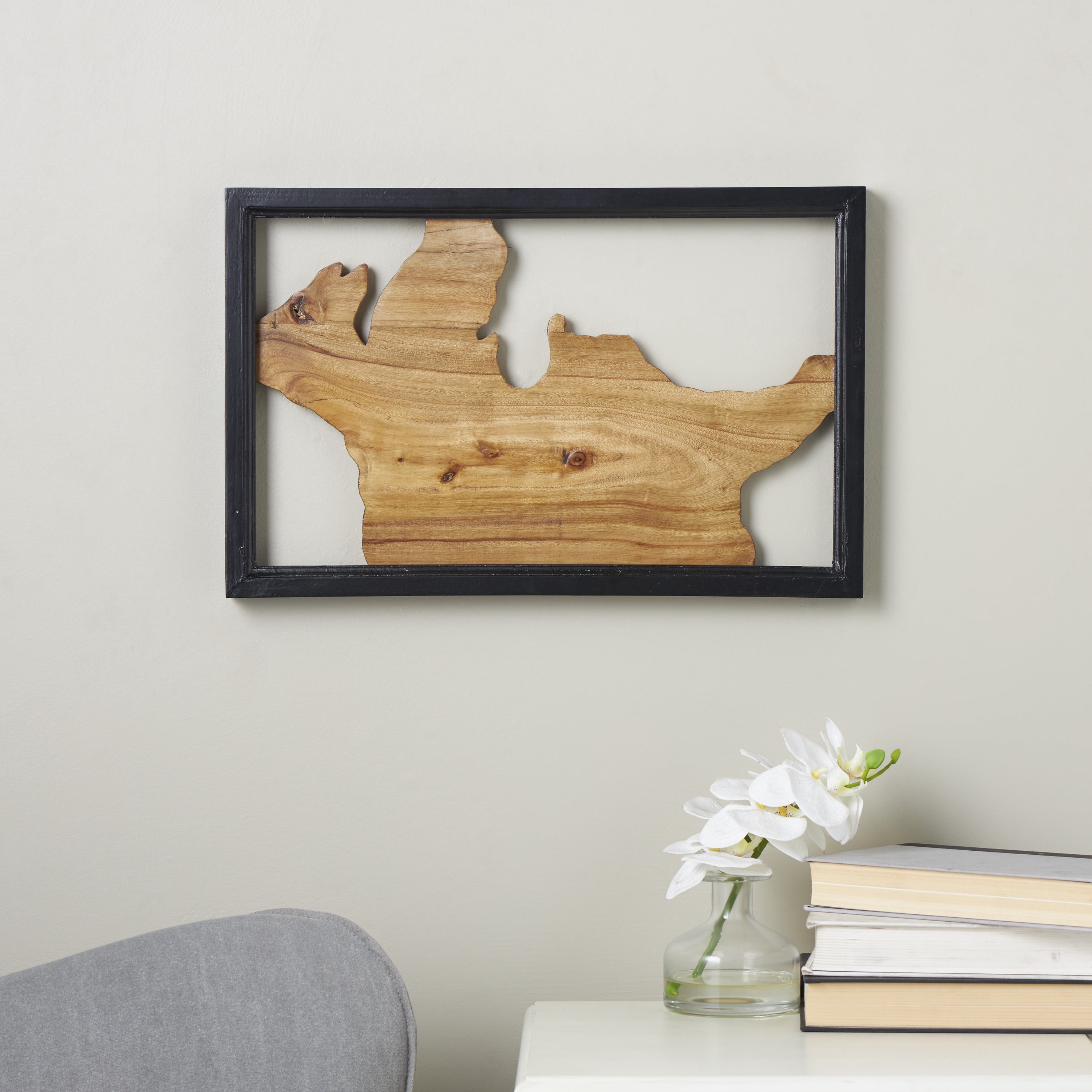 DecMode Brown Wood Handmade Live Edge Wood Slab Abstract Wall Decor with Black Frame