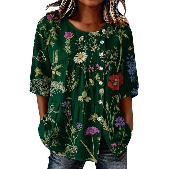 3/4 Sleeve Tops for Women,floral Print Tshirts Round Neck Loose Fit 3/4 Sleeve Tops for Women Pleated Shirts Fall T Shirts Tunic Tops Graphic Fall Outfits for Women,Blackish Green,L