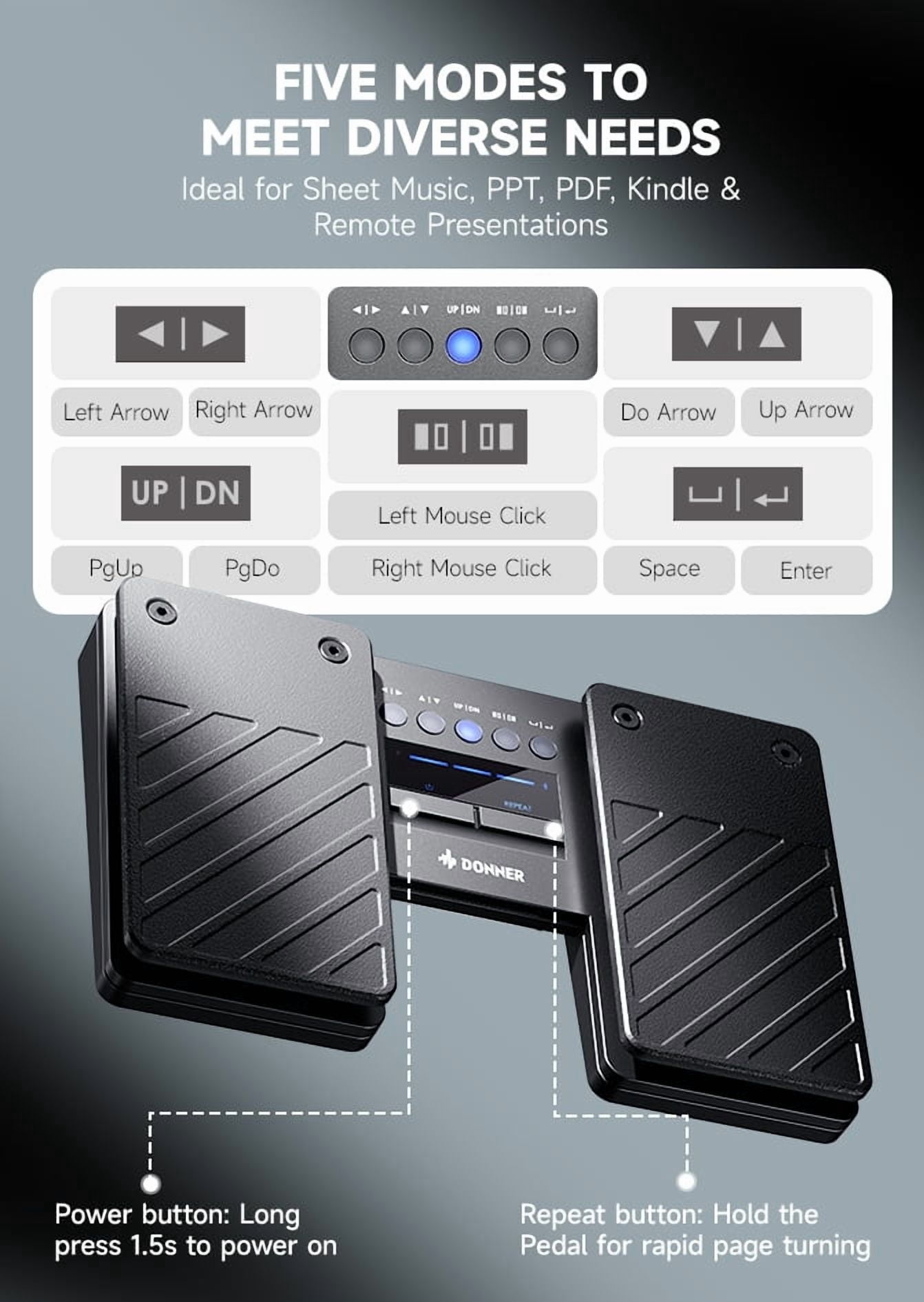 Donner Bluetooth Page Turner Pedal for ForScore, Guitar Pro, 5 Modes, Compatible with Windows/Mac/Android, USB-C Charging