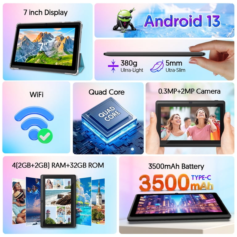 FITIFUN 7 inch Android Tablet with Case, 4GB RAM+32GB ROM, Quad