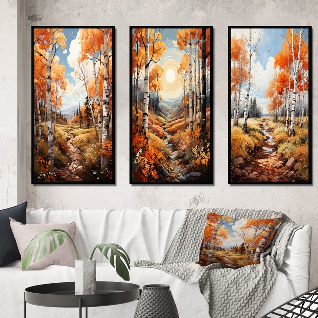 Designart "Birch Woods Autumn VII" Floral Framed Wall Art Set Of 3 - Brown Tree Birch Frame Canvas Set For Living Room Decor