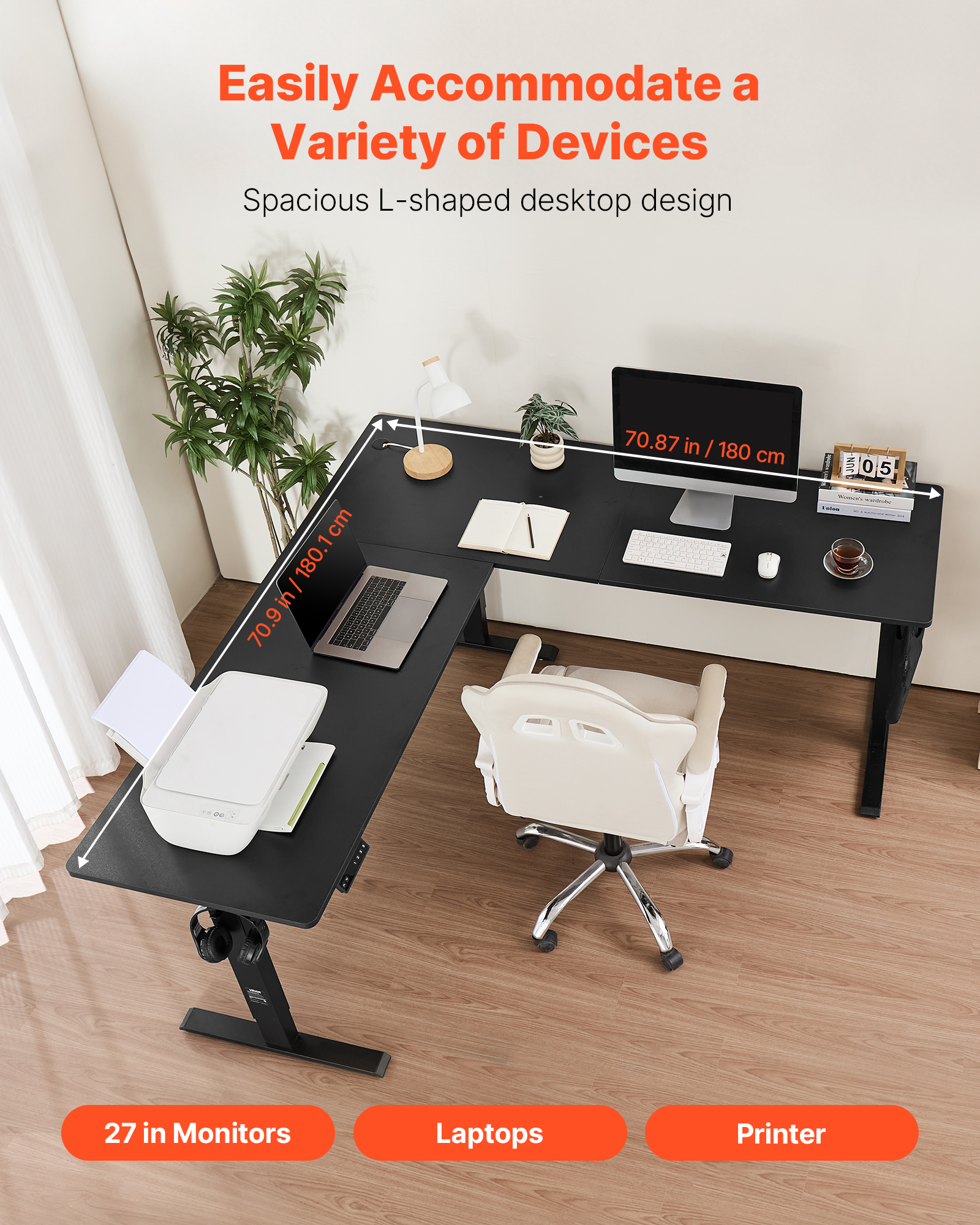 VEVOR L Shaped Desk, Electric Adjustable Height Corner Gaming Desk with Dual Hooks, Heavy Duty Carbon Steel L-Shaped Computer Table with Power Outlets for Home, Office, Study, Easy to Assemble