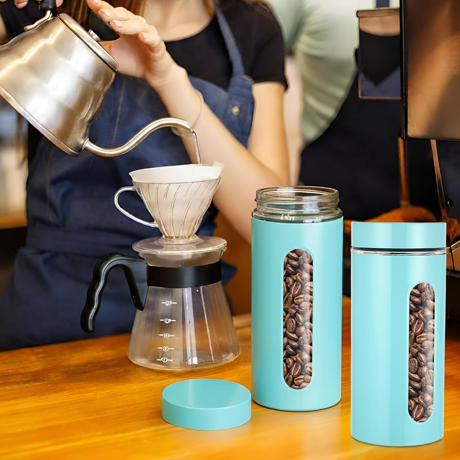 6 Pack Kitchen Canisters Set Airtight Stainless Steel Canister Food Storage Container with Window Glass, Coffee Sugar Candy Jars Tea Organizer for Flour Cookies Spice(Turquoise,44 oz)