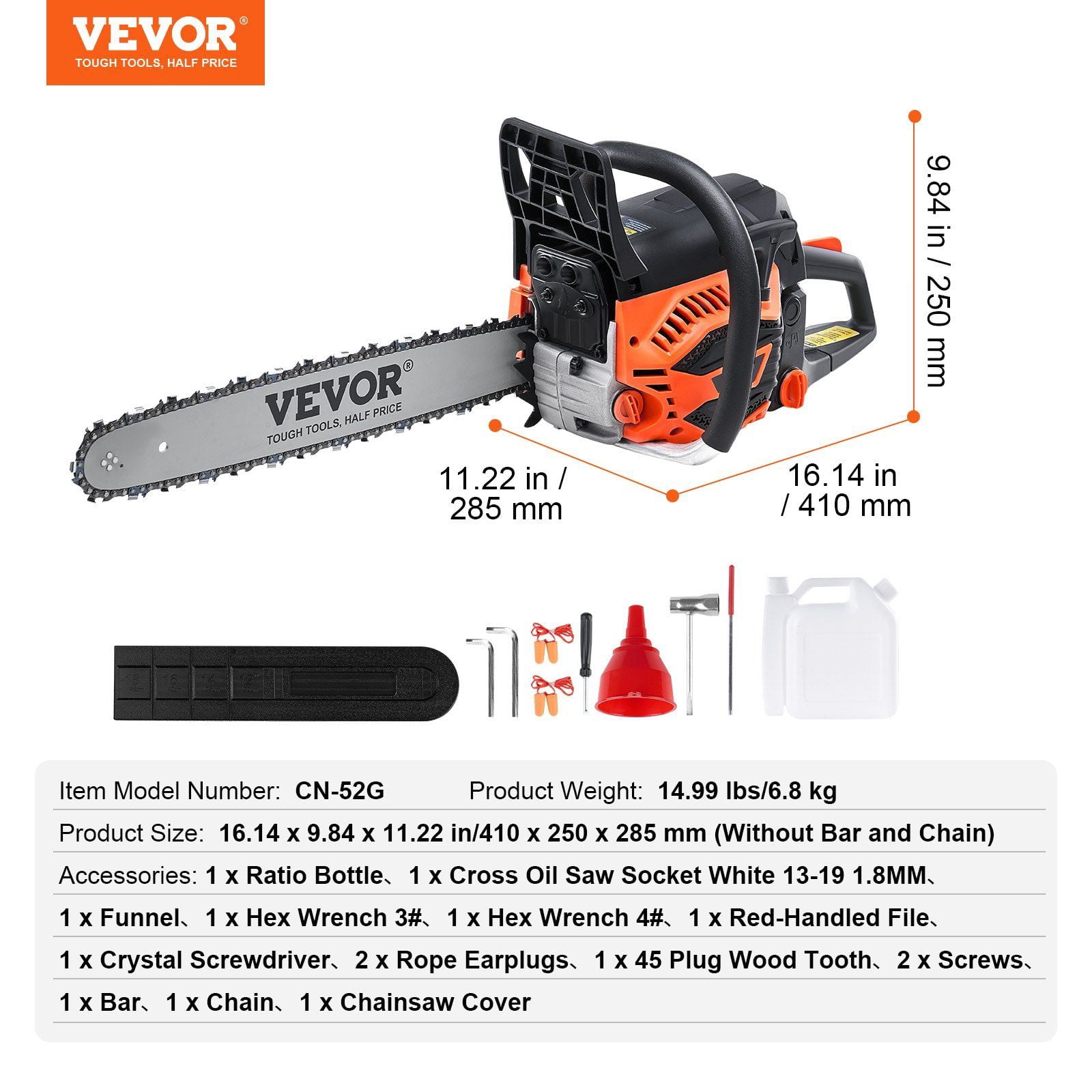 18 Inch Gasoline Chainsaw 52CC - High Performance Gas Powered Chain Saw for Wood Cutting