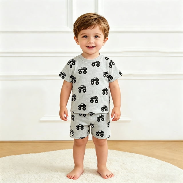 Ensemble Garçon T-Shirts Imprimés + Shorts Col Rond Tenues de Printemps Vêtements Garçons 9-10 Ans