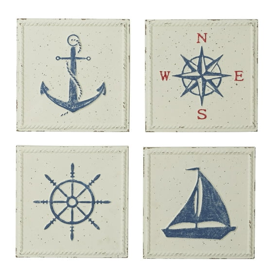 DecMode Cream Metal Speckled Sail Boat Wall Decor with Anchor, Compass, and Ship Wheel (4 Count)