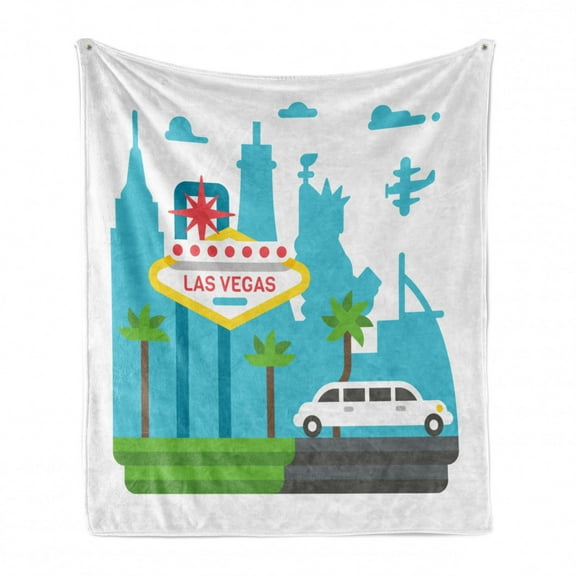 Las Vegas Soft Flannel Fleece Throw Blanket, Cartoon Limo and City Sign with Famous Architecture Silhouettes in Background, Cozy Plush for Indoor and Outdoor Use, 60" x 80", Multicolor, by Ambesonne
