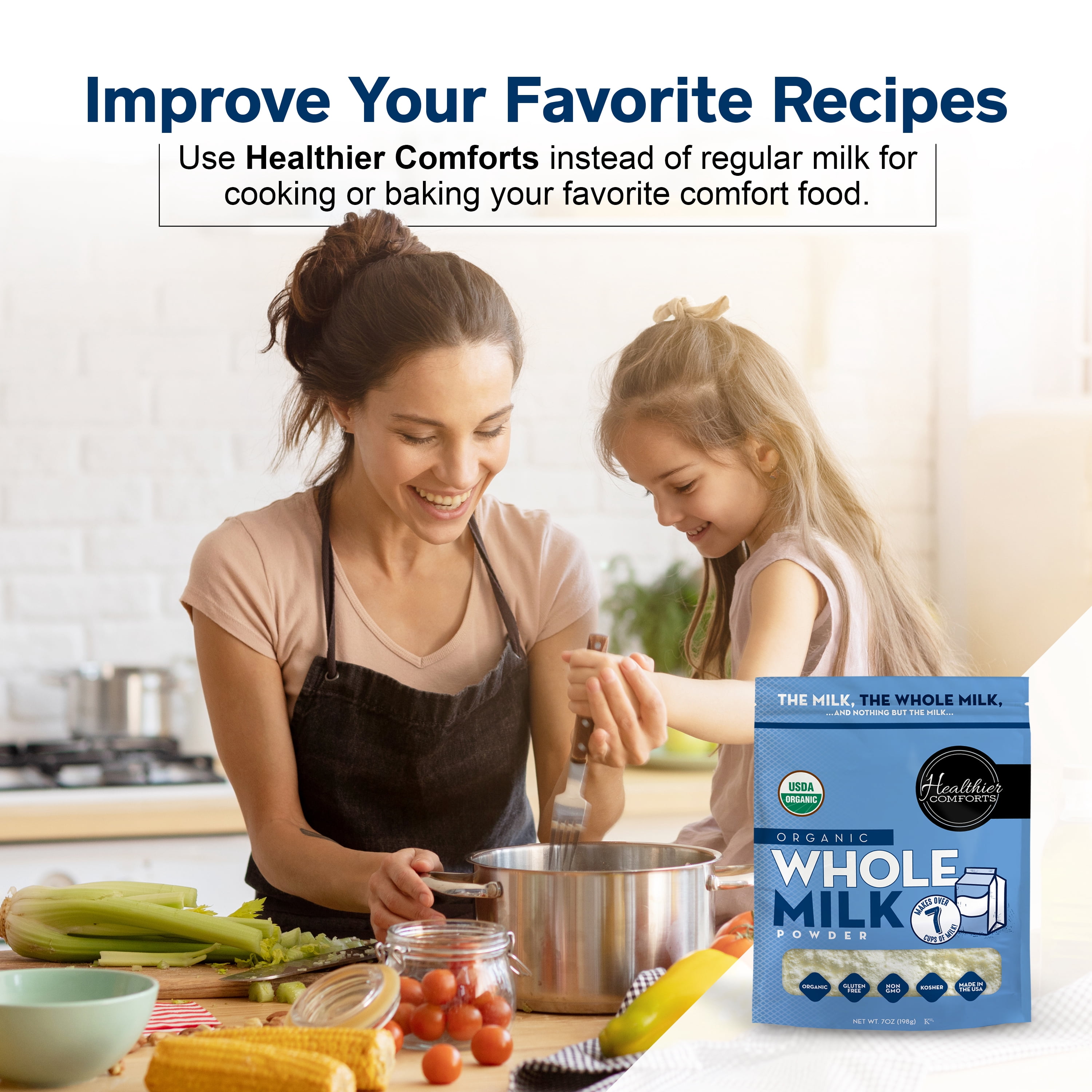 Healthier Comforts Organic Whole Milk Powder 7oz | Certified USDA Organic | Kosher, Gluten Free, Non-GMO Dry Powder Whole Milk | Dried Milk w/Resealable Packaging, Shelf Stable