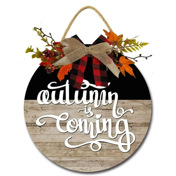 Eveokoki 11" Autumn Coming Wooden Door Sign, Welcome Front Door Plaque Hanger Home Decoration for Farmhouse Office Coffee Shop,Hanging Sign Board with Hanging String for Home Decor