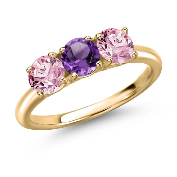 Gem Stone King 10K Yellow Gold Purple Amethyst and Pink Lab Grown Diamond Engagement Ring for Women | 1.48 Cttw | Round 5MM | Gemstone February Birthstone | Size 9