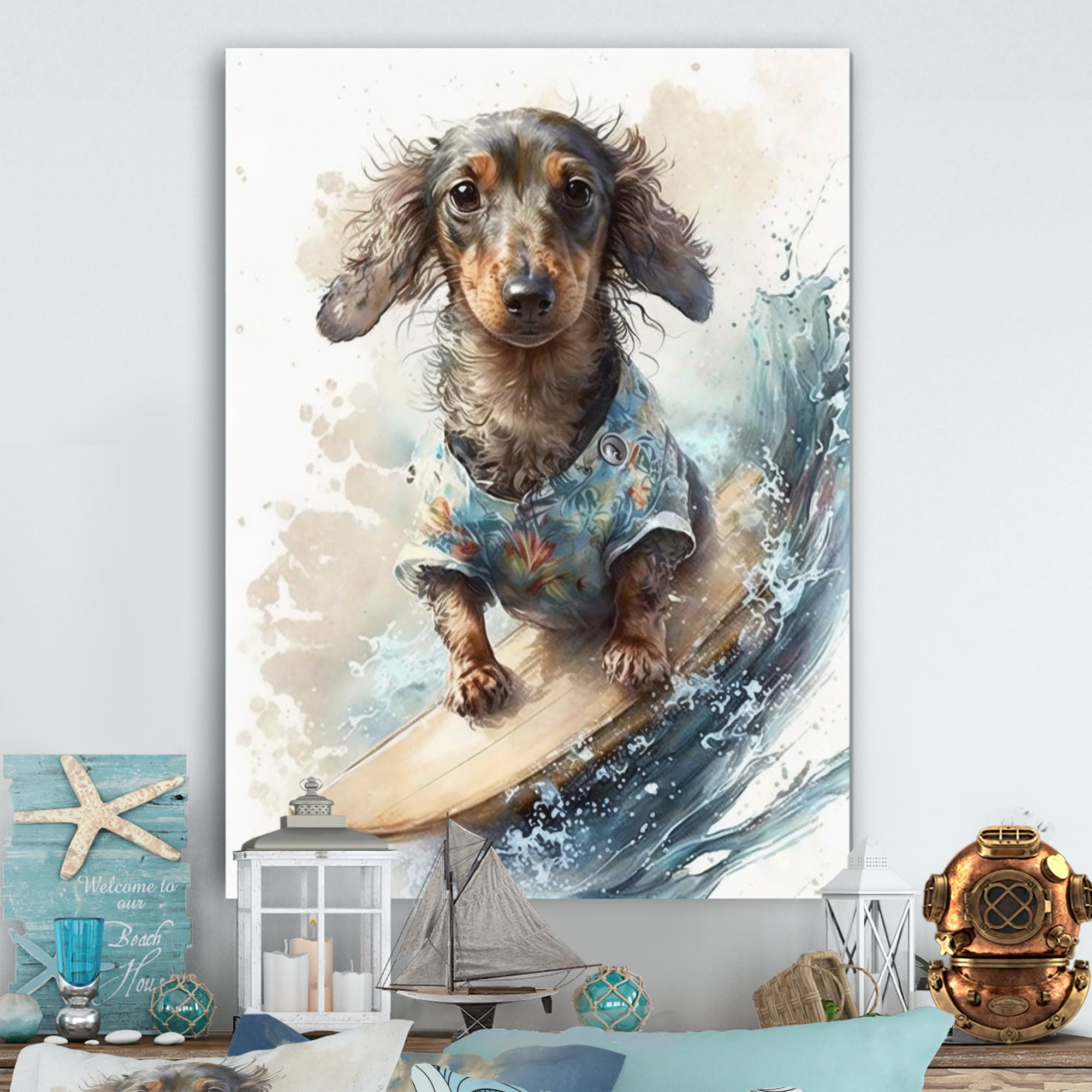 Designart Dog Surfing I Canvas Wall Art