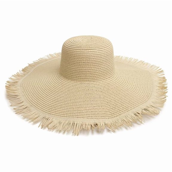 Women Wide Brim Straw Sun Hat Lightweight Foldable Beach Hat with Frayed Edge for Seaside Travel & Outdoor Activities