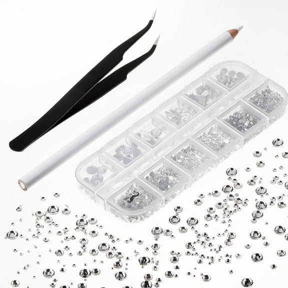 Mr. Pen- Rhinestones, 2000 Pcs with Pick up Tweezer and Rhinestones Picking Pen, 12 Sizes, Flat Back Round Rhinestones