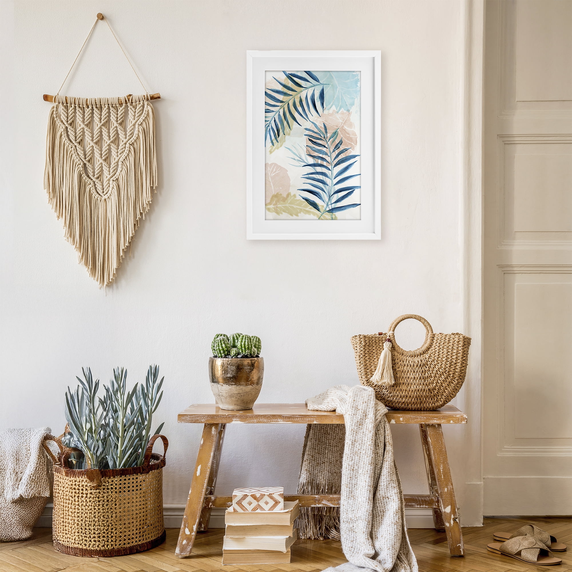 Stupell Industries Blue Palm Fronds in Pastel Haze White Framed Print Under Glass, design by Nan
