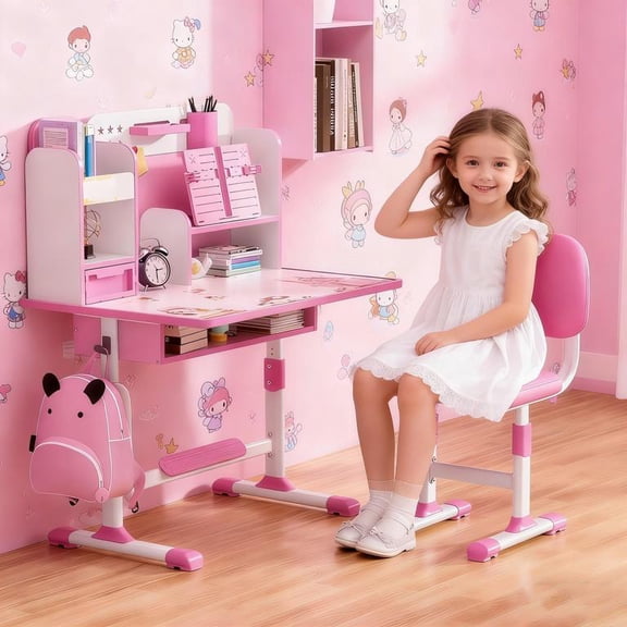 YNCE Kids Desk and Chair Set, Height Adjustable Pink Desks for Kids, Kid Desk with Storage,Toddler Table Study Table with Bookshelf and Drawer, for Boys and Girls