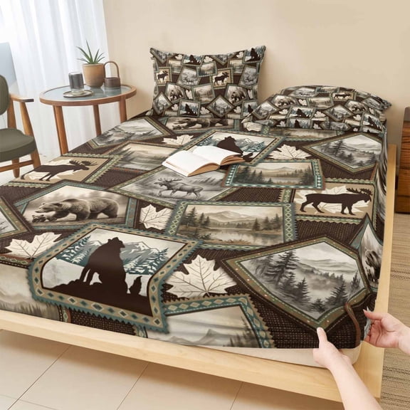 Twin XL Size Fitted Sheet Set - Moose Bear Icons 2 Piece Bedding Sets 16" Deep Pocket Fitted Sheet with 1 Pillowcases, Rustic Vintage Brown Forest Scenic Frames Brushed Microfiber Hotel Bed Sheets