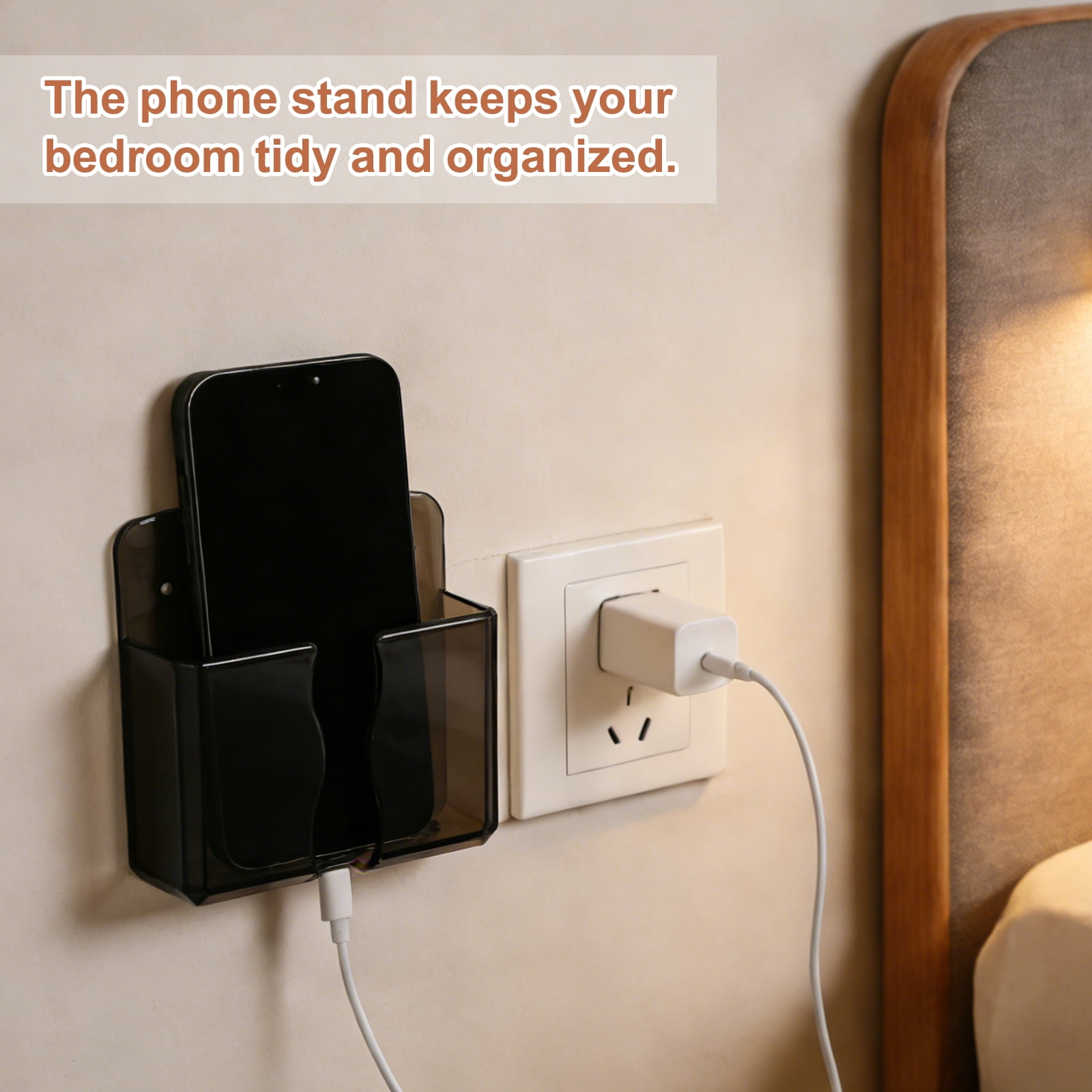 Uxcell 4Pcs Wall Mounted Phone Holder, Self-Adhesive PC Phone Stand with Charging Hole Charger Remote Control Stand Organizer for Home Office Bedroom Kitchen Smartphone, Transparent Black