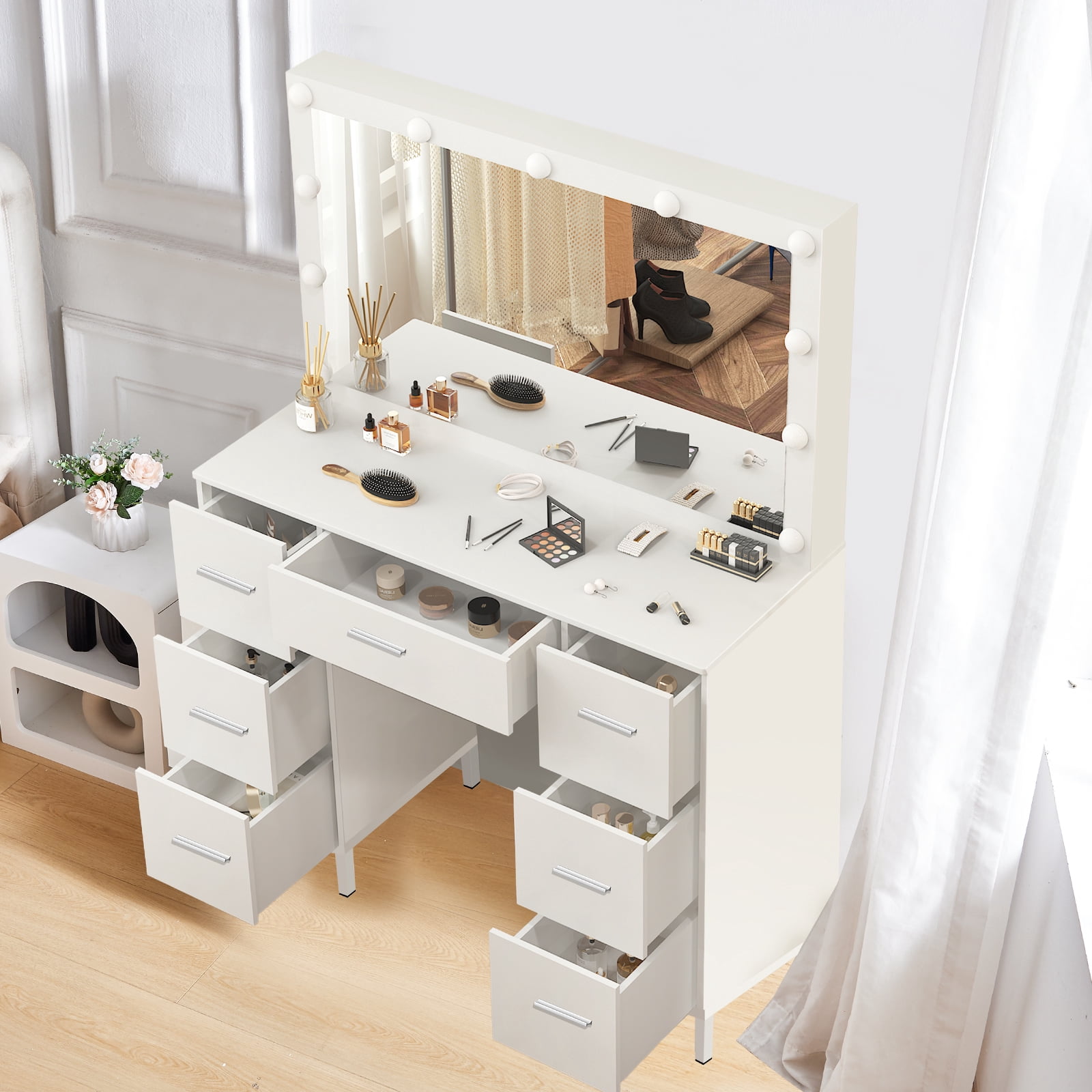 JBLCC Vanity Desk with Mirror and Lights, 7-Drawer Makeup Vanity Table with Hollywood Bulbs for Bedroom, Dressing Table for Women & Girls, White