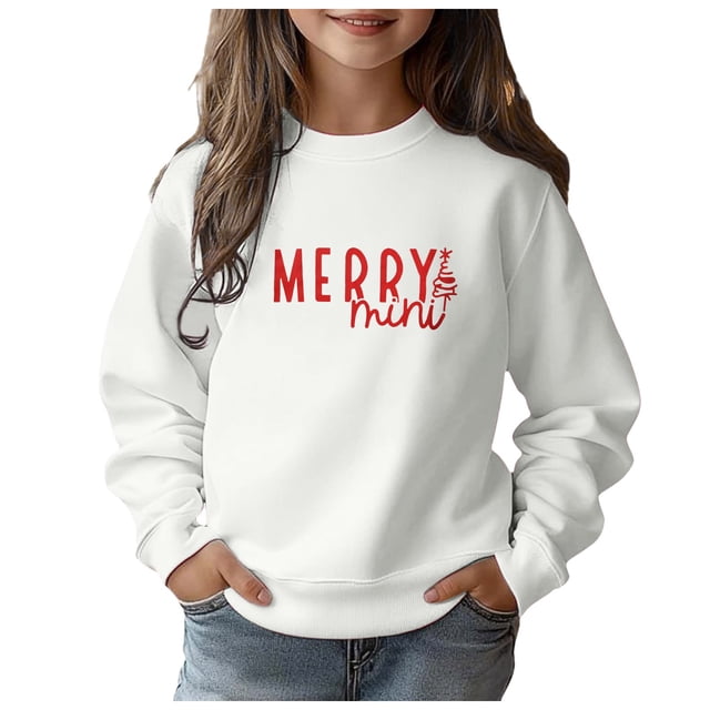 Chandail à Capuche de Noël pour Filles Lettres Joyeuses Manches Longues Mode Décontractée Col Rond Chandail d'Hiver Confortable pour Enfants