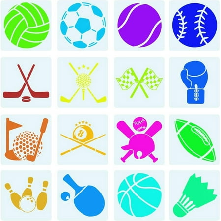 16Pcs Sports Ball Stencils Football Basketball Baseball Table Tennis Badminton Golf Reusable White Plastic Template for DIY Painting on Wood Drawings Canvas DIY Decor (5x5 Inch)