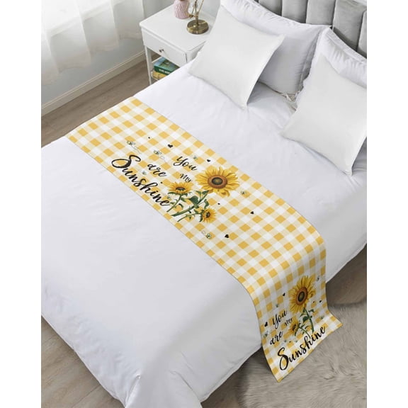 Bed Runner Scarf for King Size Bed, Sunflower Beds Scarf Throws for Foot of Bedding, Yellow Plaid Lattice You Are My Sunshine Decorative Beds Runners for Bedroom Guestroom, 94"x20"
