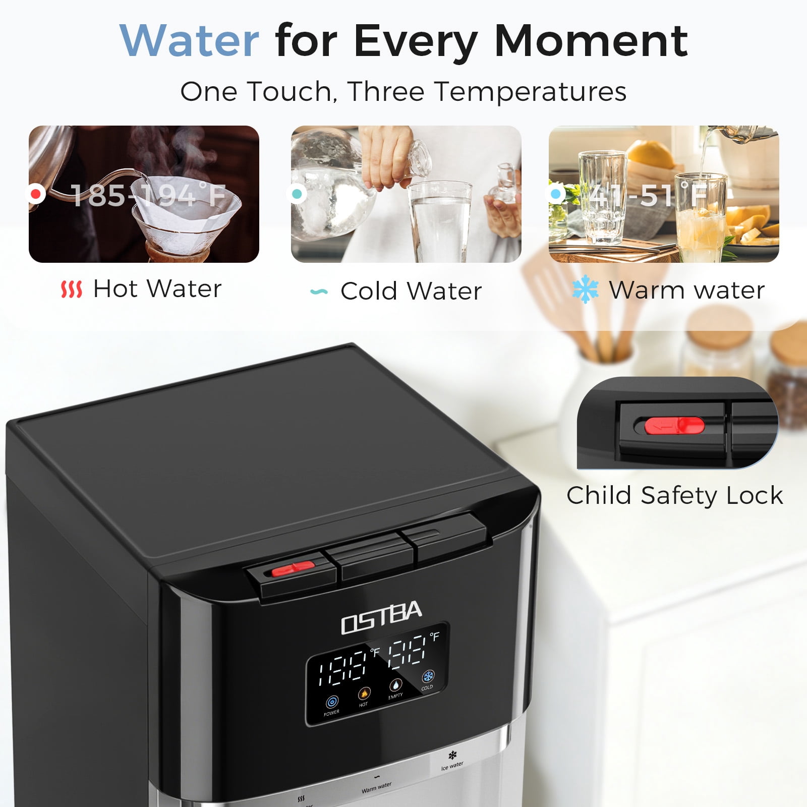 OSTBA Bottom Load Water Dispenser, LED Display, Hot Cold & Room Water, Stainless Steel Tank, Child Lock, 3 & 5 Gallon for Home & Office