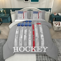 Homewish Cartoon Ice Hockey Queen Comforter Set, Eat Sleep Sports Bedding Sets, Grey Stripes Abstract Reversible Bedding Comforter Set, Lightweight Room Decor, 3 Pieces