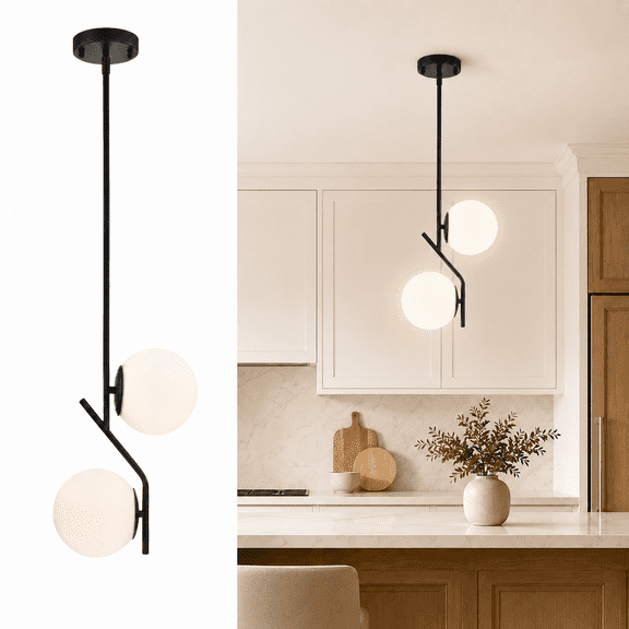 ASHOP Black Pendant Light 2-Light with 5.9''  Glass Globe Mid-Century Modern Lighting for Kitchen Island