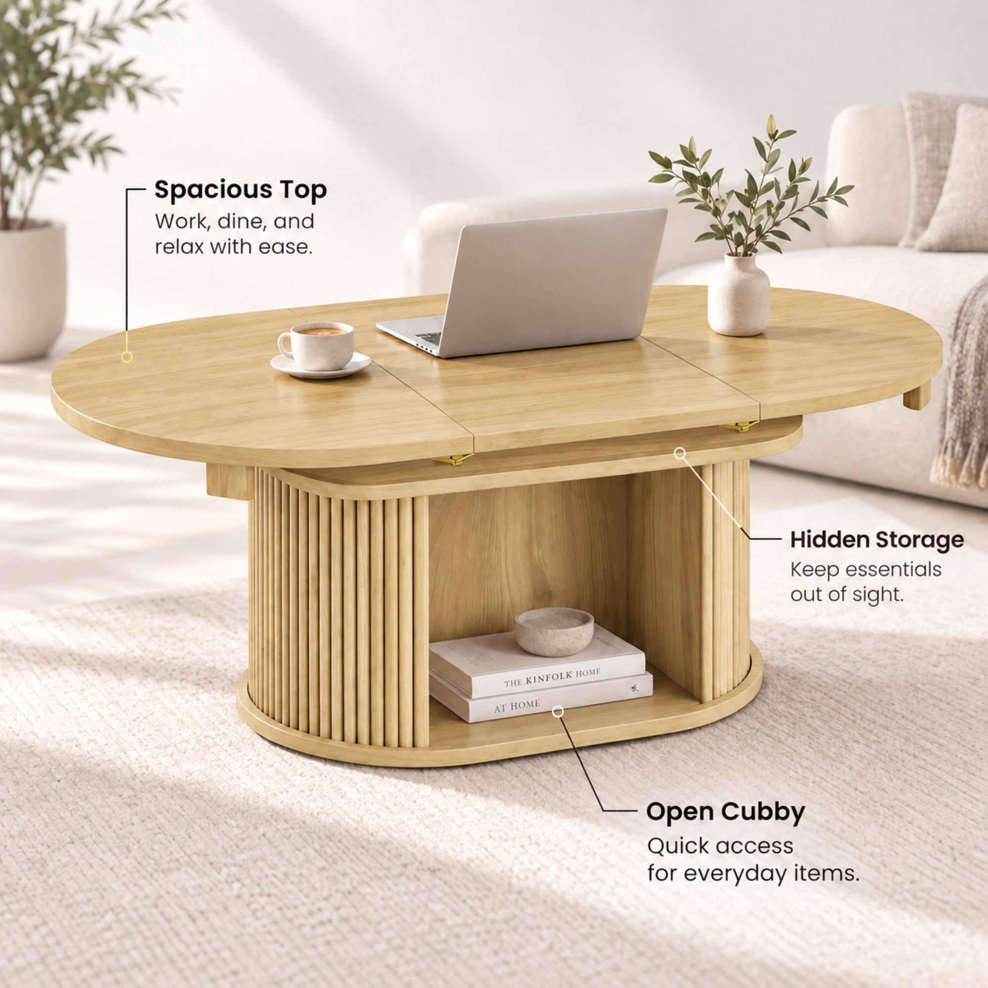 Lacoo Extendable Oval Coffee Table with Storage, Fluted Base with Cubby for Living Room, Den, Beige