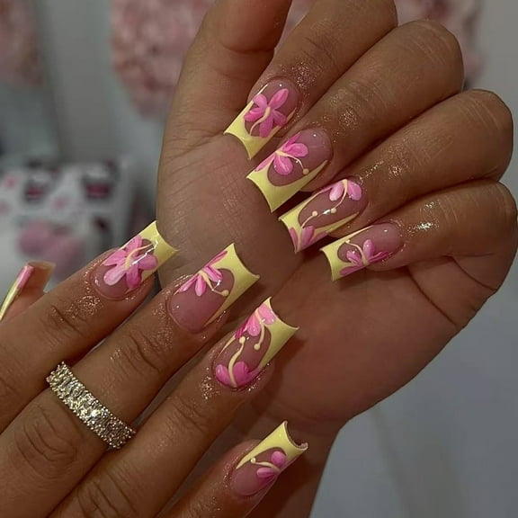 Square Press On Nails Flower Fake Nails Glues On Nails Artificial Acrylic Nails 24pcs On Nails for Womens Girls