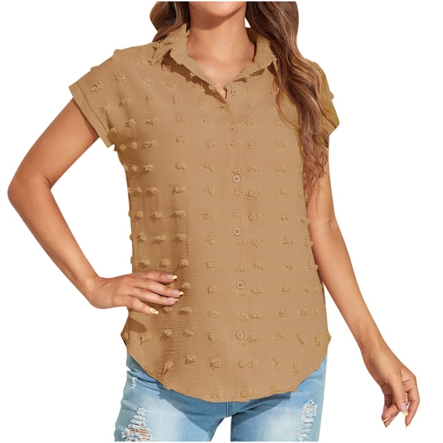 Tops pour Femmes Décontractés Été à Manches Courtes Légers Couleur Unie Tendance T-Shirts Courts pour Dames Blouses à Col Rond (Petit, Kaki)