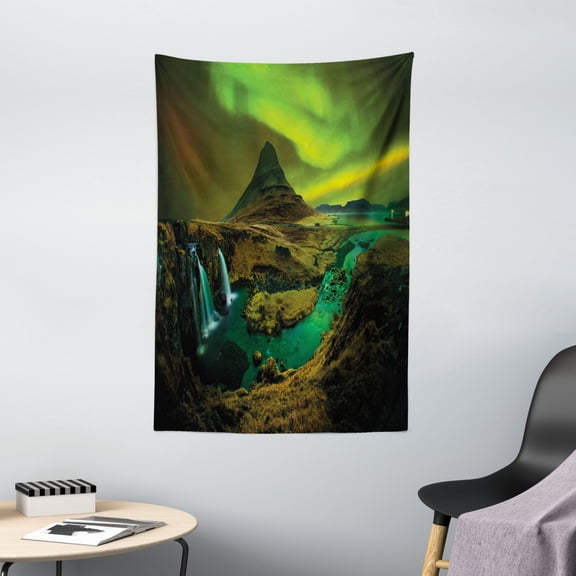 Aurora Borealis Tapestry, Pale Weather over the Hills with Waterfall Creek Nature Landscape, Wall Hanging for Bedroom Living Room Dorm Decor, 40W X 60L Inches, Fern and Olive green, by Ambesonne
