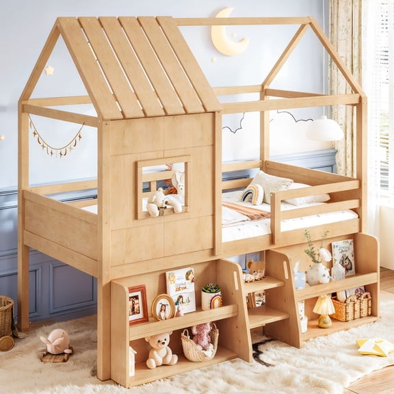 MIDOQIN Low Loft Bed Twin Size with Storage Shelves for Kids, Wooden House Playhouse Roof and Window Design Loft Bed Frame with Safety Guardrails, Natural