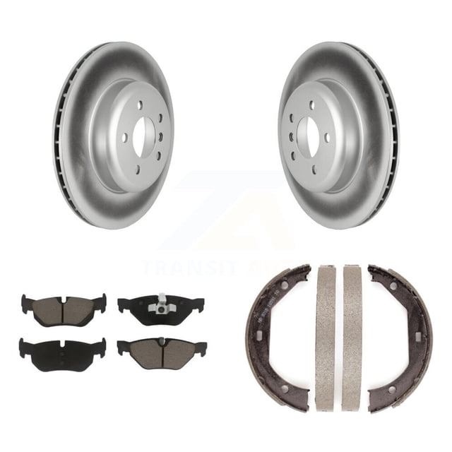 Transit Auto Rear Disc Coated Rotors Ceramic Pads and Parking Brake Shoes Kit for Car 2013 BMW 328i xDrive Sedan Coupe with AWD 3.0L with 345mm Diameter Rotor KGC-102978