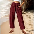 thumbnail image 2 of Lenpel Women's Wide Leg Pants Cotton Linen Elastic High Waisted Palazzo Casual Pants Baggy Beach Trousers with Pockets, 2 of 7