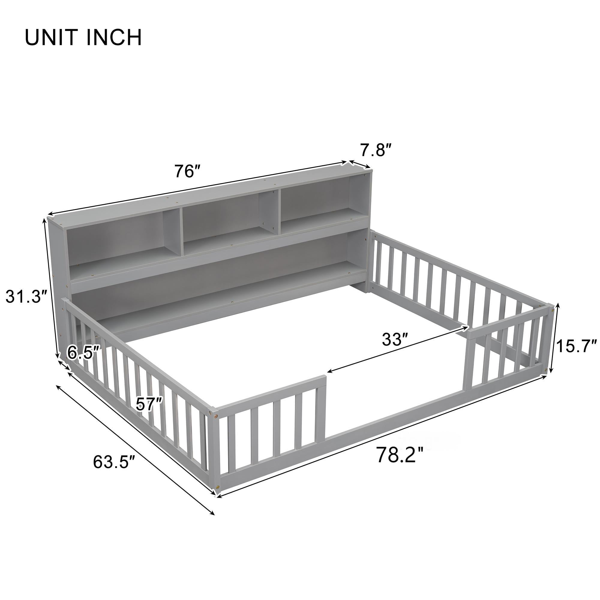 Full Floor Bed with Bookcase and Shelves, Wood Montessori Floor Bed Frame with Guardrails for Boys, Girls, Grey
