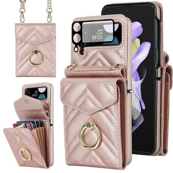 Allytech Galaxy Z Flip 3 Wallet Case + 1Pcs Camera Lens Protector, PU Leather Cards Holders Ring Stand Shoulder Strap Shockproof Mangetic Closure Wallet Case Cover for Samsung Galaxy Z Flip 3 Rosegold