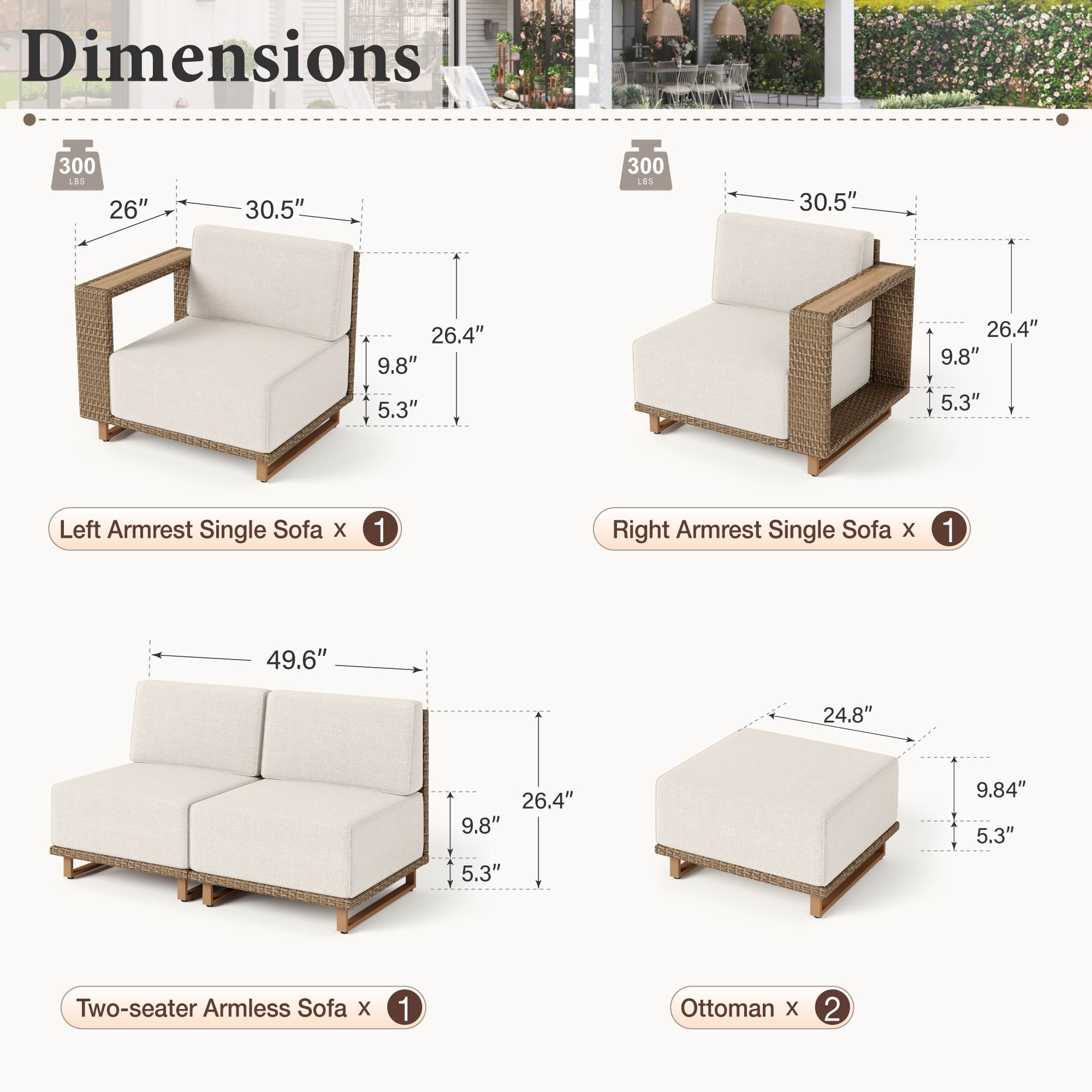 MF Studio 6-Piece Wicker Patio Furniture Set, Outdoor Sectional Conversation Sofa with 2 Ottomans, Beige