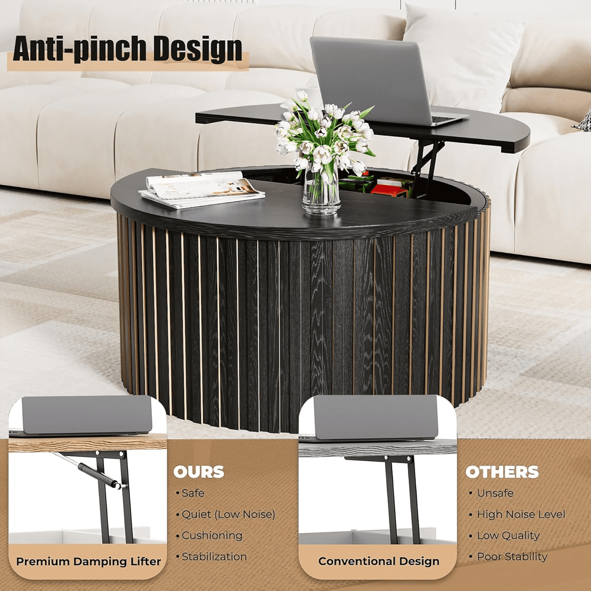 Oubayajia Round Coffee Table, Lift Top Coffee Table with Storage, Black