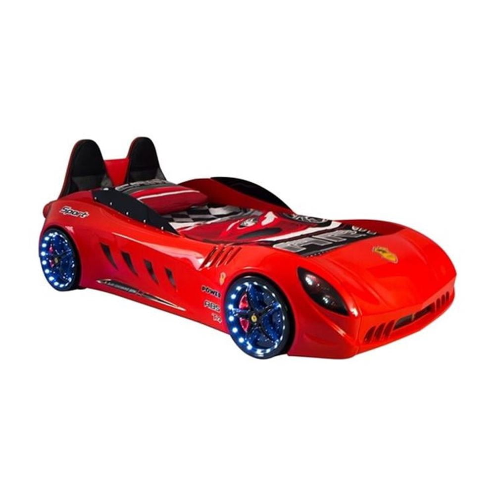Titi Racer Modern Wood Shark Twin Race Car Bed with Remote Control in Red
