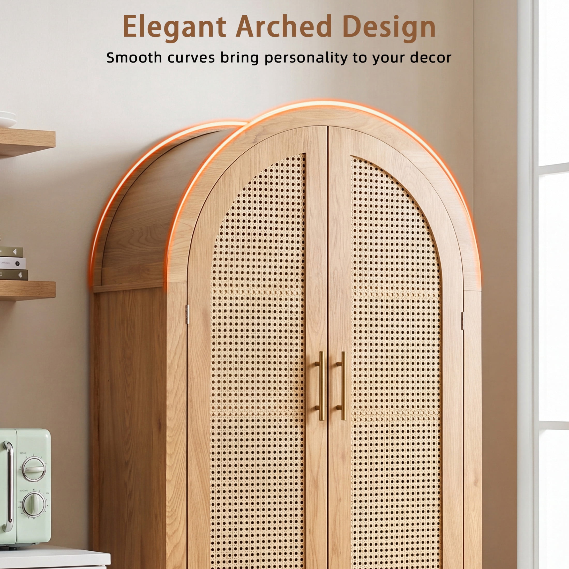Noble House 71" Farmhouse Arched Storage Cabinet with Rattan Doors, Adjustable Shelves, Oak