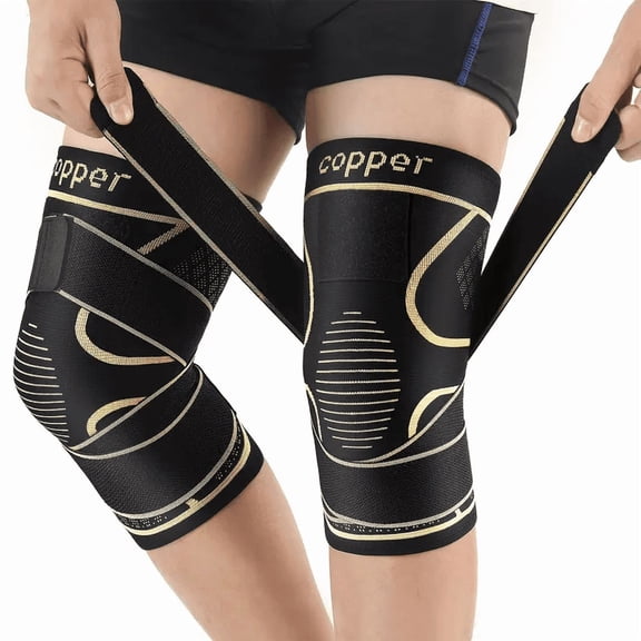 Xinyi Copper Infused Knee Brace Compression Sleeve with Adjustable Straps – Stabilizing Support for Knee Pain & Arthritis, 2-Pack, Black, L