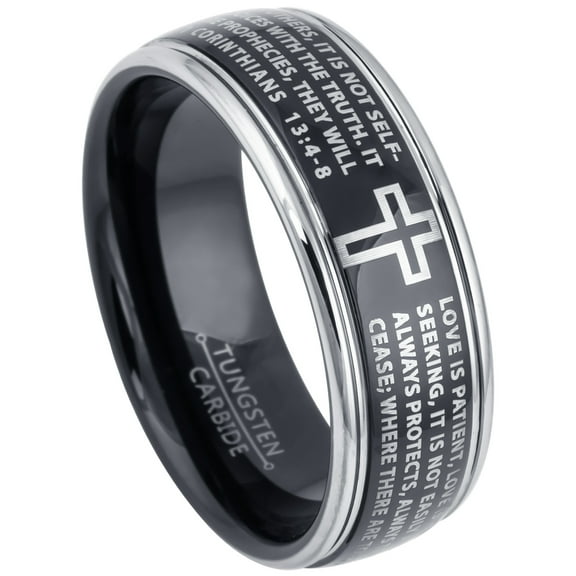 2-Tone Semi-Dome Tungsten Wedding Band with 1 Corinthian 13:4-8 Text - Black Tungsten Carbide Ring - 5