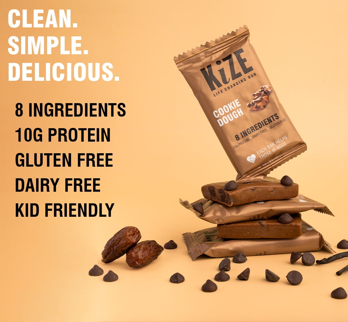 KiZE Life Changing Bar, Cookie Dough, Protein Bar, 8 ingredients, Dairy Free, 1.5oz Bar (10pk)